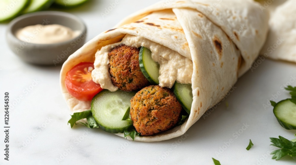 A crispy and flavorful falafel wrap with hummus, cucumbers, tomatoes