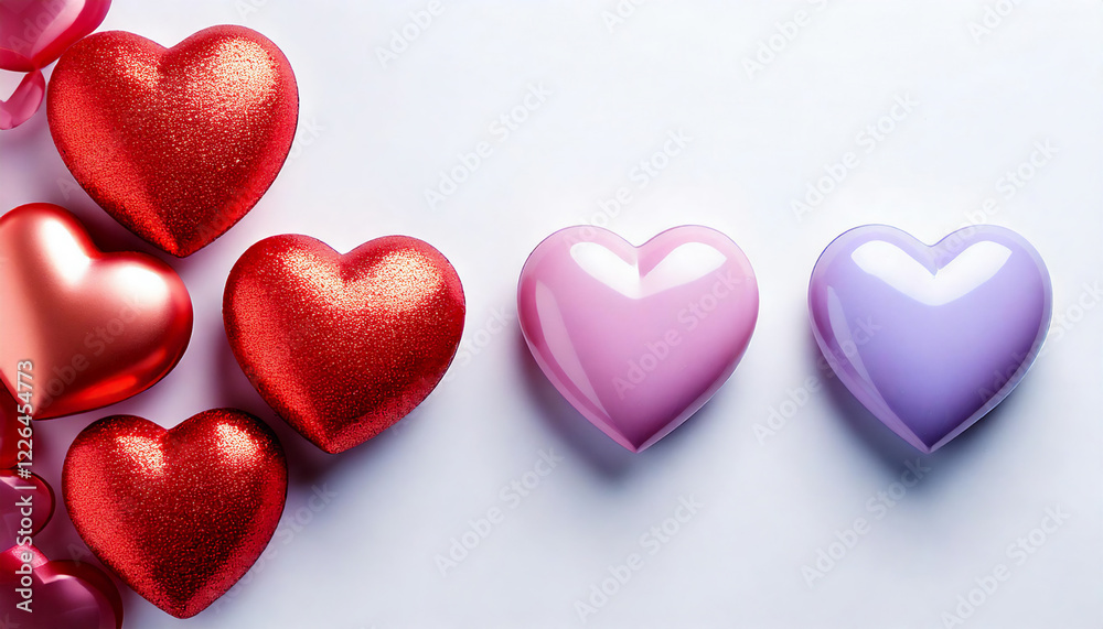 Fototapeta premium Decorative Shiny and Glittery Red Hearts Arranged on a White Background