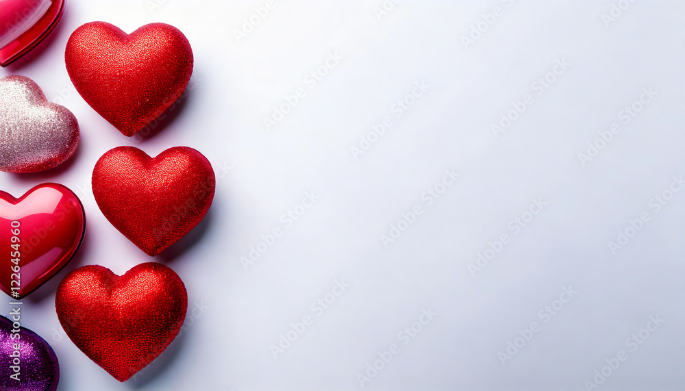 Obraz premium Decorative Shiny and Glittery Red Hearts Arranged on a White Background