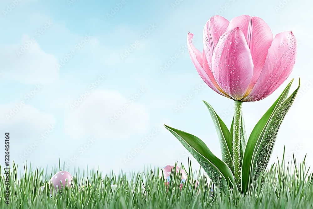Fototapeta premium Easter day watercolor style tulip blooming in spring grass nature scene soft colors