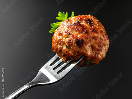 Delicious juicy meatball fork dramatic lighting,rich texture,grilled,gourmet presentation,food photography,restaurant menus,culinary marketing,rich,snack,chef,dark,tasty,rustic,dish,fried,baked