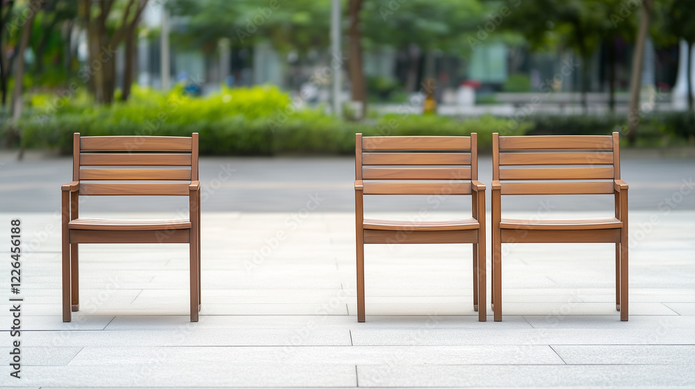 Waiting for You: A trio of empty wooden chairs stand side by side on a paved walkway, inviting anticipation and a moment of contemplation. They beckon someone to join. Waiting for You: A trio of empty wooden chairs stand side by side on a paved walkway, inviting anticipation and a moment of contemplation. They beckon someone to join.