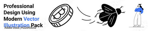 Coin resembling cryptocurrency, bug flying towards it, woman in contemplation. Ideal for finance, technology, cryptocurrency, risk analysis, commerce, investing concepts flat landing page banner