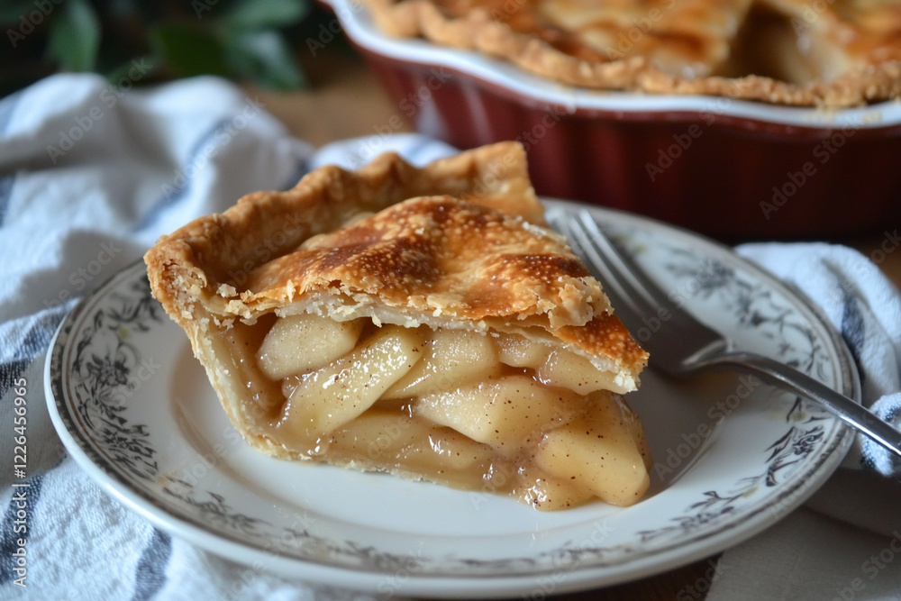 A slice of freshly baked apple pie served on a decorative plate with a fork, showcasing the warm filling and crust A slice of freshly baked apple pie served on a decorative plate with a fork, showcasing the warm filling and crust