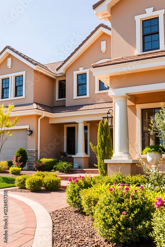 Luxury House Exterior: Modern Architectural Design, Landscaping, and Garden Pathway