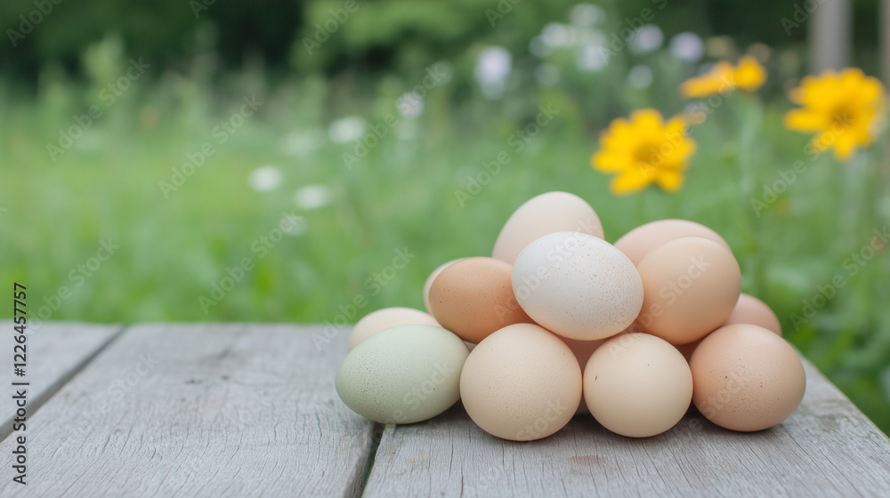 Fresh Farm Eggs: A pyramid of colorful farm-fresh eggs on a rustic wooden table, bathed in the warm glow of a summer garden. The scene evokes a sense of wholesome goodness and natural abundance. Fresh Farm Eggs: A pyramid of colorful farm-fresh eggs on a rustic wooden table, bathed in the warm glow of a summer garden. The scene evokes a sense of wholesome goodness and natural abundance.
