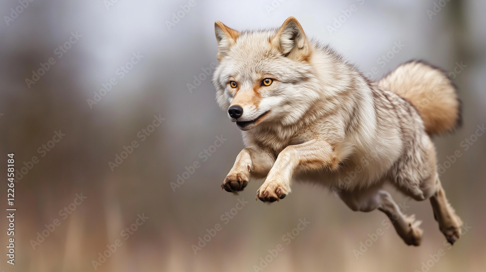 Obraz premium Coyote in Leap: A majestic coyote in mid-leap, showcasing its powerful muscles and graceful agility against a blurred natural backdrop. The image captures a moment of wild beauty and untamed energy.
