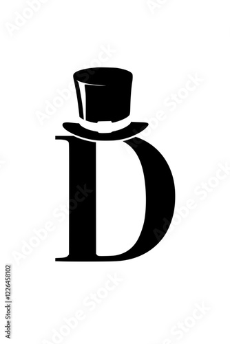 Letter D with Top Hat Silhouette, Black silhouette of the letter D wearing a stylish top hat, symbolizing elegance, sophistication, and classic design on a white background.  
  
