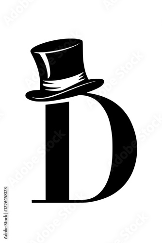 Letter D with Top Hat Silhouette, Black silhouette of the letter D wearing a stylish top hat, symbolizing elegance, sophistication, and classic design on a white background.  
  
