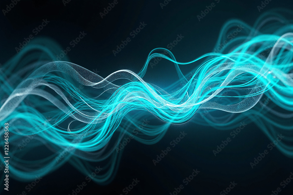 Fototapeta premium Abstract digital art featuring flowing, wavy lines in turquoise and blue against a black background, resembling glowing, fluid currents.
