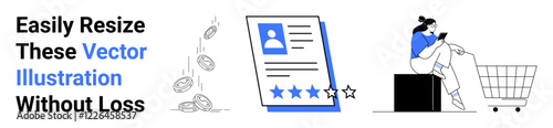 Coin stack growth, user profile with star reviews, woman with phone near shopping cart. Ideal for e-commerce, customer feedback, online shopping, user engagement, financial transactions, reviews