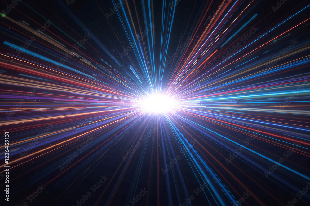 Obraz premium A vibrant, abstract digital artwork featuring bright, intersecting light beams in blue, red, and white against a dark background.