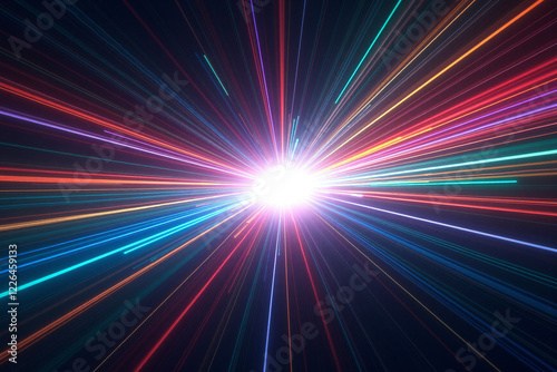 Abstract digital artwork featuring vibrant, radiating neon lines in red, blue, green, and purple against a black background.