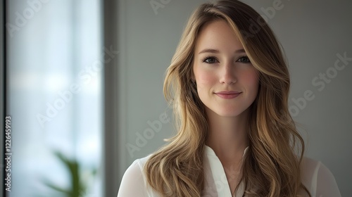 Free Download close up woman face portrait with calm and optimistic vibes, blonde hair woman at home  - GFXLoad
