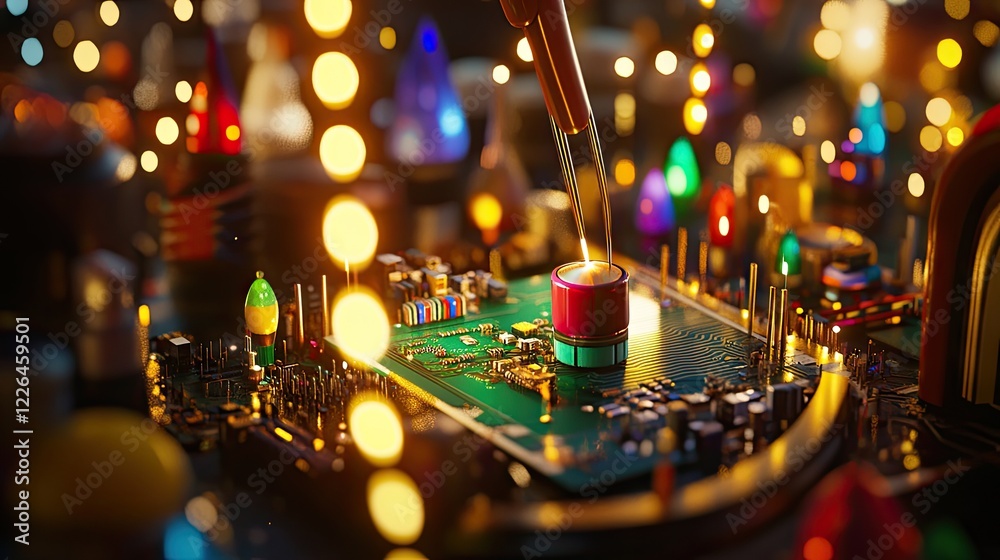 Close-up of tweezers adjusting a capacitor on a circuit board surrounded by colorful components. Close-up of tweezers adjusting a capacitor on a circuit board surrounded by colorful components.