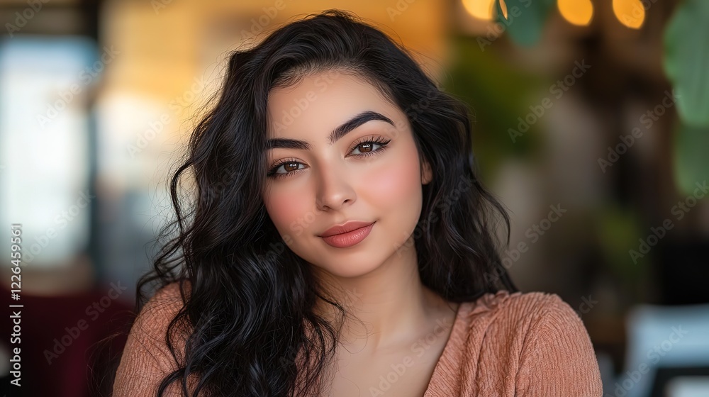close up woman face portrait with calm and optimistic vibes, smiling Mexican woman close up woman face portrait with calm and optimistic vibes, smiling Mexican woman