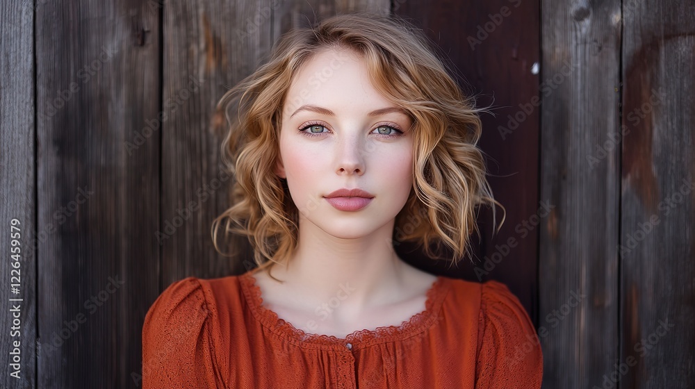close up woman face portrait with calm and optimistic vibes, Caucasian woman standing at wood plank wall close up woman face portrait with calm and optimistic vibes, Caucasian woman standing at wood plank wall