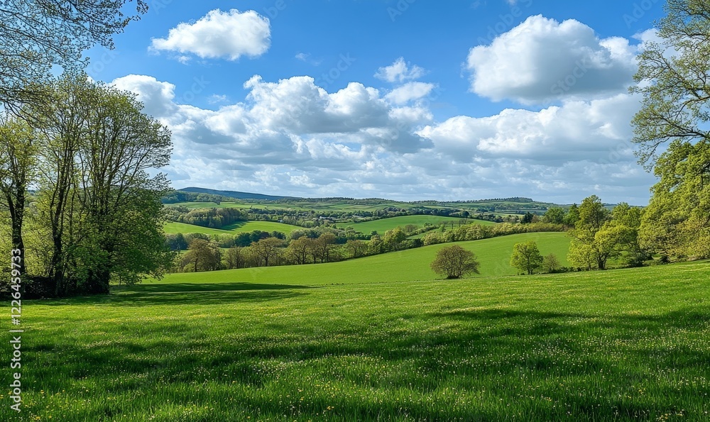 Idyllic Spring Landscape with Lush Green Lawn and Sunlit Trees Under Blue Sky with Fluffy Clouds on a Bright Day, Generative AI Idyllic Spring Landscape with Lush Green Lawn and Sunlit Trees Under Blue Sky with Fluffy Clouds on a Bright Day, Generative AI
