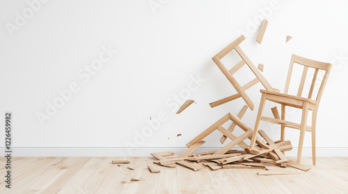 Shattered Expectations: A wooden chair lies in pieces, shattered against a wall, its splinters scattered across the hardwood floor.  A stark visual metaphor for broken promises, dashed hopes.