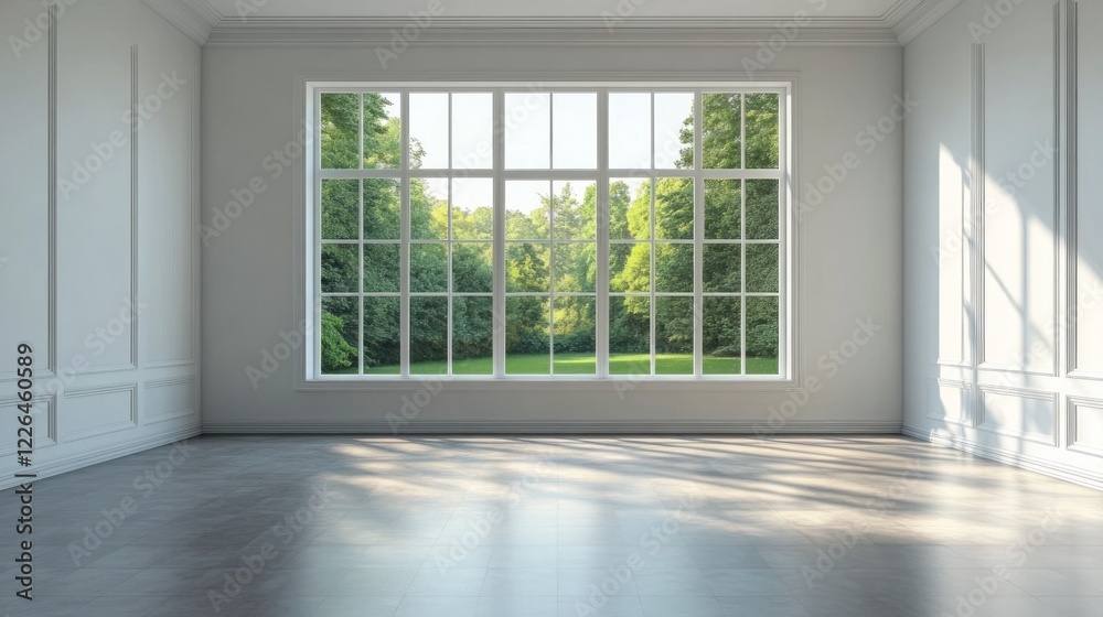 Fototapeta premium Sunlit Empty Room, Large Window, Green Garden View, Home Interior Design