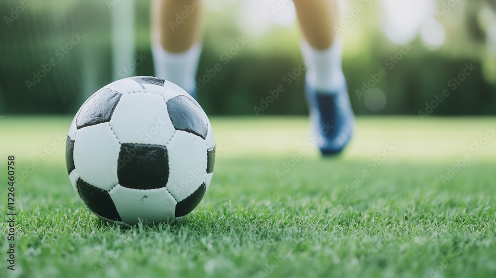Soccer Ball on the Pitch: Close-up view of a classic black and white soccer ball resting on a vibrant green grass field. Soccer Ball on the Pitch: Close-up view of a classic black and white soccer ball resting on a vibrant green grass field.