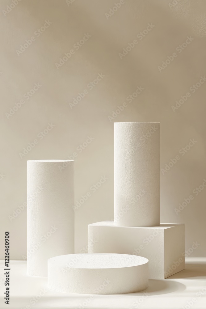 Minimalist white cylindrical and square podiums on beige background. Minimalist white cylindrical and square podiums on beige background.