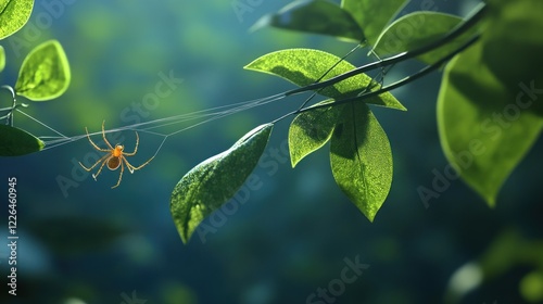 Spiderweb on leafy branch, forest background, nature scene photo