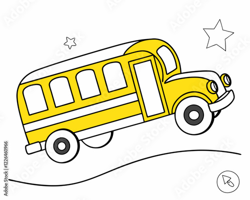 Yellow school bus cartoon, simple line drawing, white background, cute design, tilted angle, stars, playful illustration, children's book style, black outlines, minimalist, cheerful,