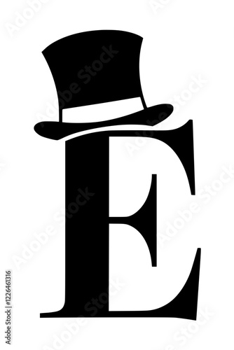 Letter E with Elegant Top Hat Silhouette, Stylized black silhouette of the letter E wearing a classic top hat, symbolizing sophistication, class, and vintage charm on a white background.  
  
