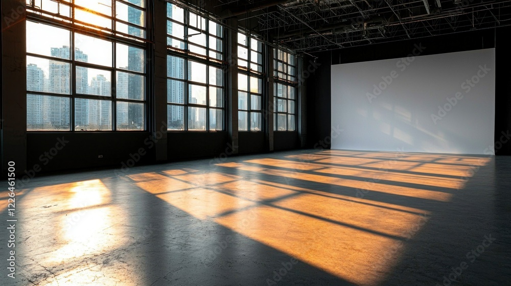Fototapeta premium Sunlit Empty Studio Space Modern Interior Blank Wall City View