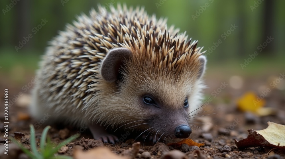 Fototapeta premium A close-up of a hedgehog's quills, with a blurred background of a forest floor and a few leaves and twigs surrounding it