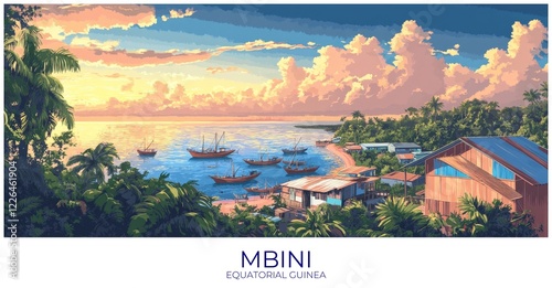 Mbini Equatorial guinea Travel Poster Flat Illustration Print Decor Gift Canvas Wall Art photo