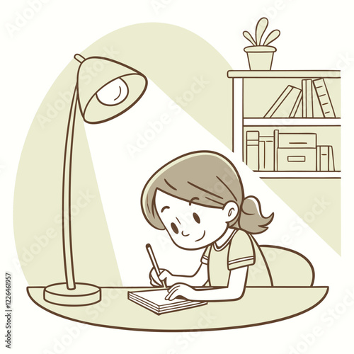 Study a girl in a table have a lamp light