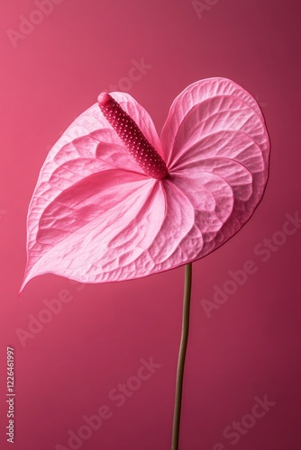 Pink anthurium flower with spadix on matching background in studio setting for floral design