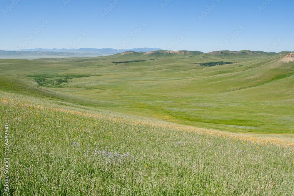 Fototapeta premium Expansive Green Prairie Landscape Under Clear Blue Sky