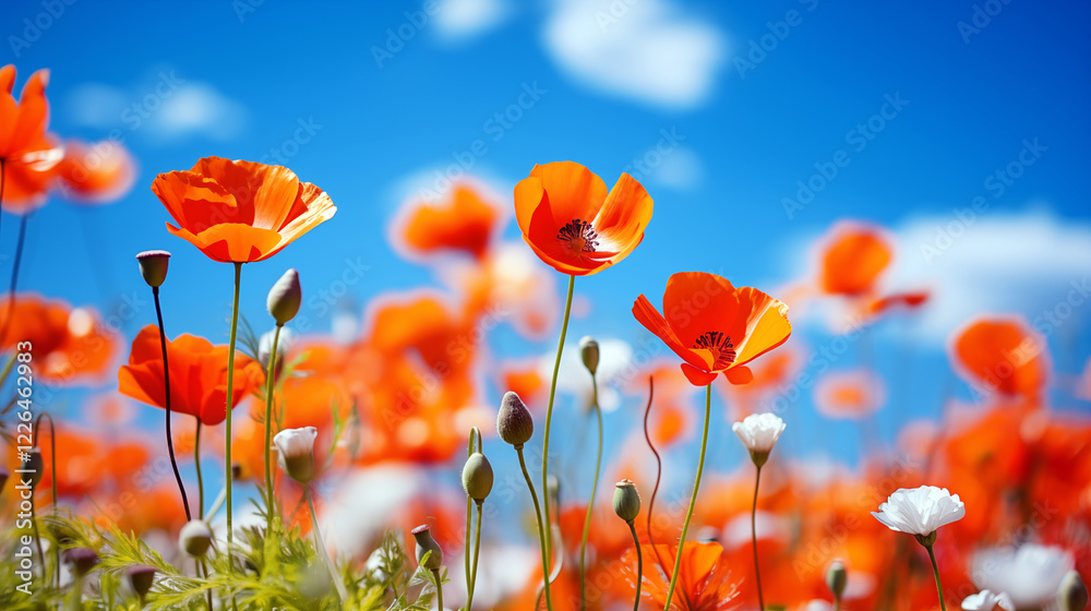 Obraz premium meadow with red poppies blue sky in the background. poppies field