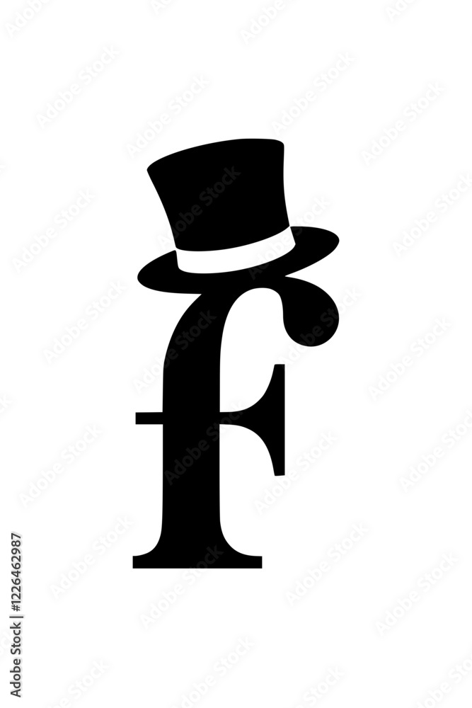 Letter F with Classic Top Hat Silhouette, Black silhouette of the letter F wearing a stylish top hat, symbolizing elegance, sophistication, and vintage charm on a white background.  
  
