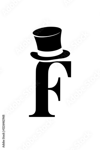 Letter F with Classic Top Hat Silhouette, Black silhouette of the letter F wearing a stylish top hat, symbolizing elegance, sophistication, and vintage charm on a white background.  
  
