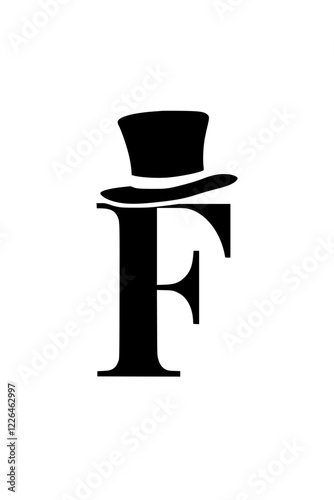 Letter F with Classic Top Hat Silhouette, Black silhouette of the letter F wearing a stylish top hat, symbolizing elegance, sophistication, and vintage charm on a white background.  
  
