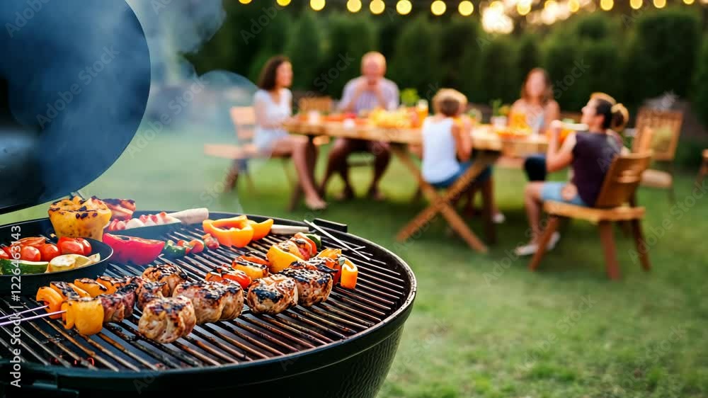 Group of friends enjoying a barbecue gathering in a backyard during sunset with grilled food