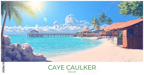 Caye caulker Belize Travel Poster Flat Illustration Print Decor Gift Canvas Wall Art
