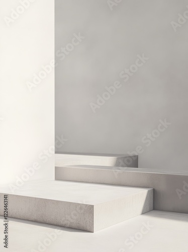 Minimalist white platform display, modern geometric shapes, sunlight shadows.