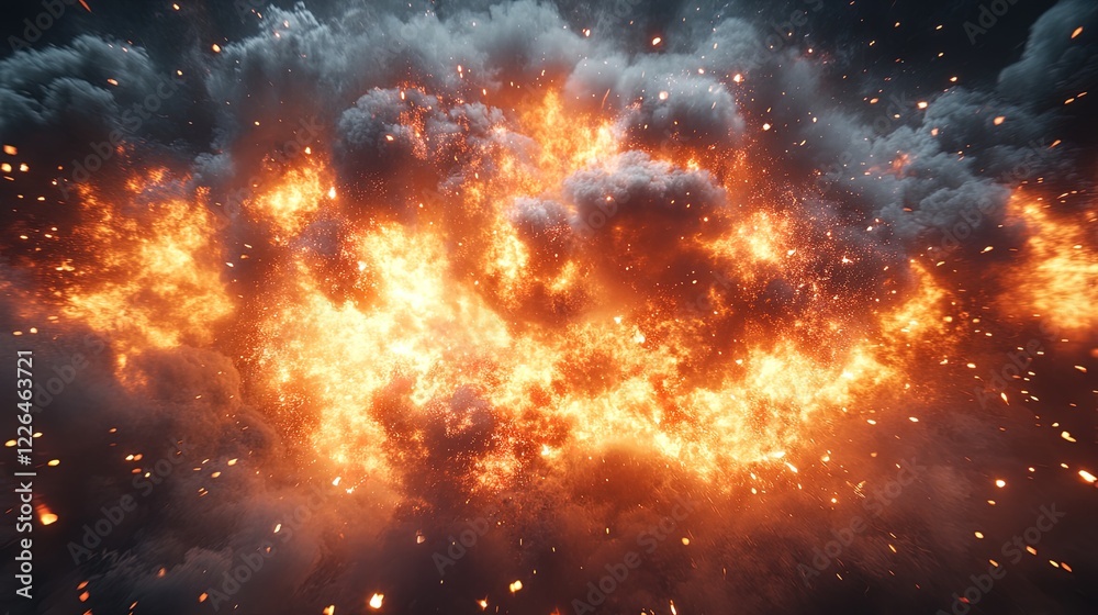 Fiery explosion with smoke and debris, high-energy action scene Fiery explosion with smoke and debris, high-energy action scene