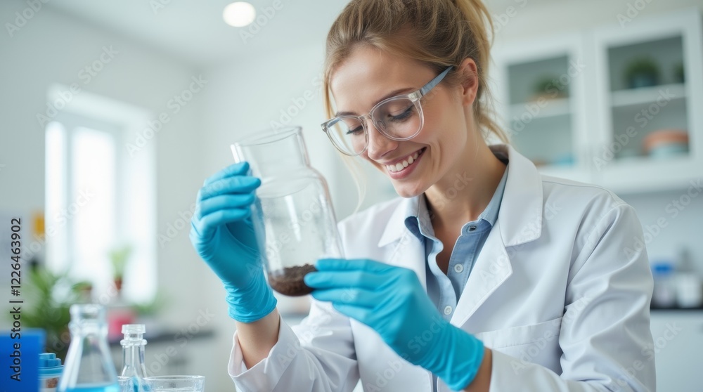 Fototapeta premium Female lab technician in a white lab coat and gloves conducting soil tests, working with a beaker in a clean laboratory environment, bright lighting.