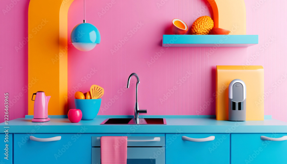 Bright and colorful kitchen with stylish appliances and decor. Bright and colorful kitchen with stylish appliances and decor.