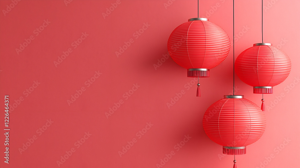 Fototapeta premium Three red lanterns hang against a vibrant pink wall, creating a festive and decorative ambiance.