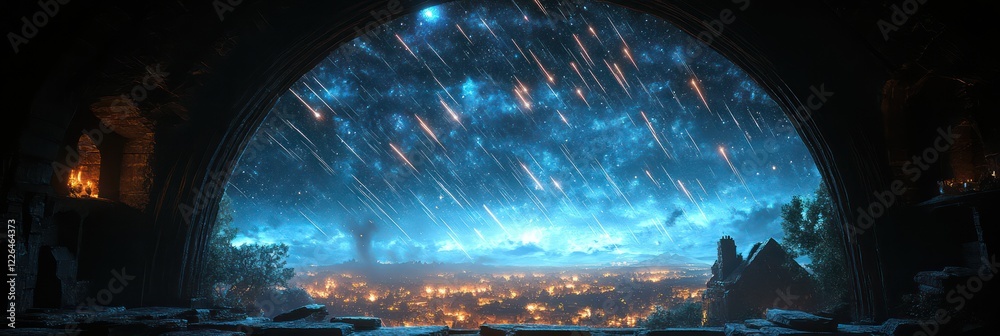 Nightfall Meteor Shower over Cityscape Seen Through Archway Nightfall Meteor Shower over Cityscape Seen Through Archway