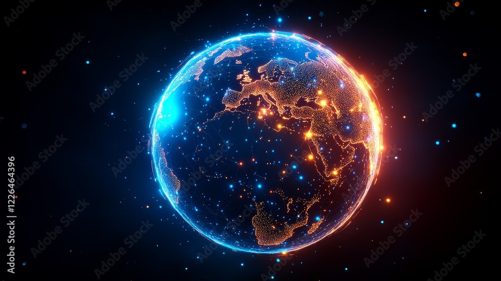 Obraz premium Global Network Visualization with Bright Connections - A stunning digital representation of Earth showcasing interconnected regions with vibrant blue and orange lights against a dark background.