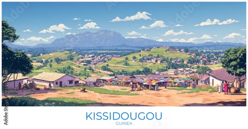 Kissidougou Guinea Travel Poster Flat Illustration Print Decor Gift Canvas Wall Art photo