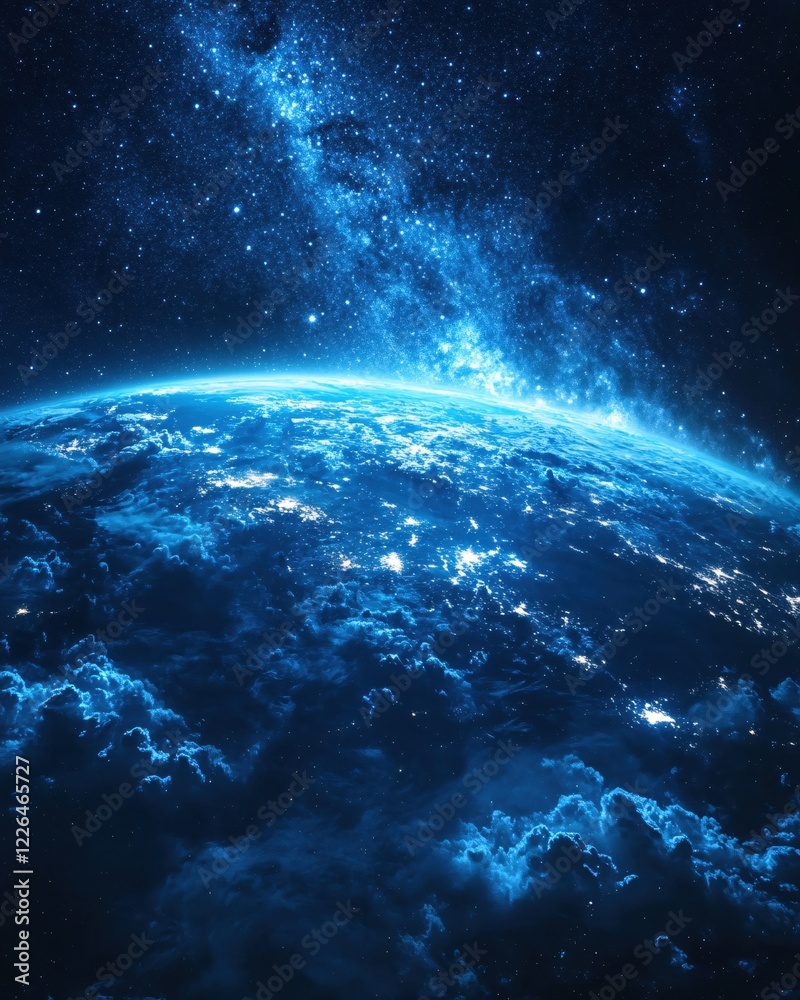 Fototapeta premium Blue planet view from space with stars and clouds in a dark night sky universe scene